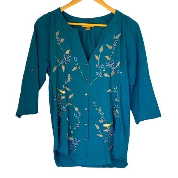 APRIL Cornell Embroidered Blue Top 3/4 Sleeve Womens Size Small - Picture 1 of 6